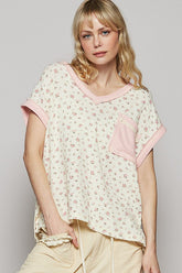 POL Floral V-Neck Short Sleeve T-Shirt Natural Pink OutfitFlow